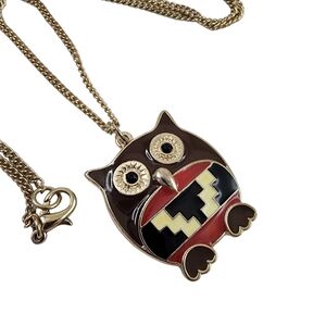 Y2K Owl Pendant Necklace brown red cream enamel